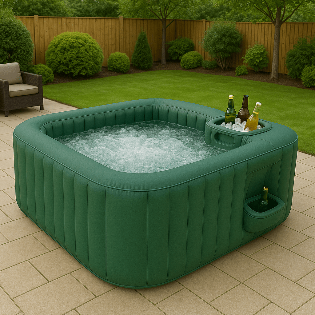 Dark green inflatable hot tub featuring an ice-filled cooler, placed on a neat garden patio
