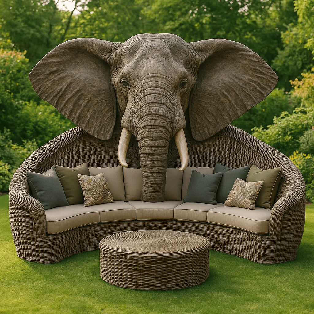  Beige and natural wicker garden sofa shaped like an elephant with green accent pillows