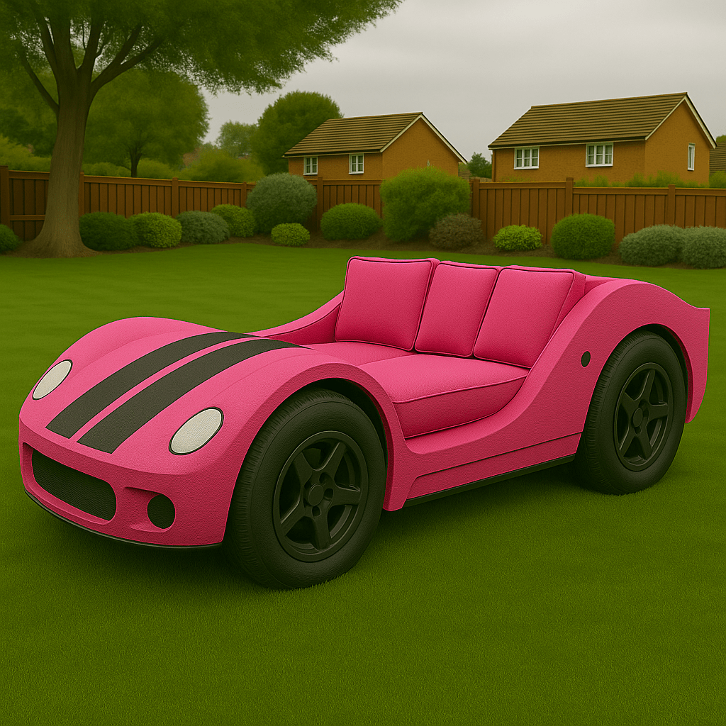 Hot pink racing car garden sofa with bold black wheels and plush cushions on green grass