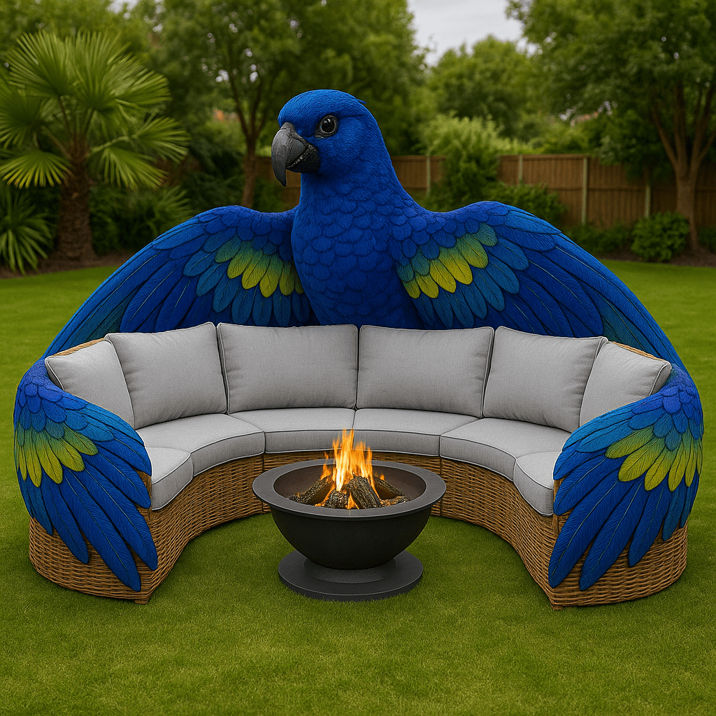 Deep blue parrot-shaped garden sofa with green and yellow feather accents, featuring a central fire pit.