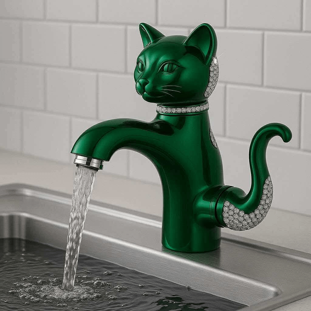 Emerald green cat-shaped kitchen tap with sparkling crystals, water flowing into a sink.