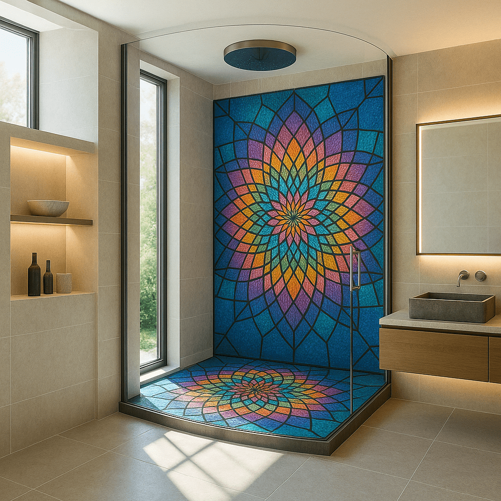 Circular mandala design in purple, yellow, and blue stained glass inside a glass shower cubicle