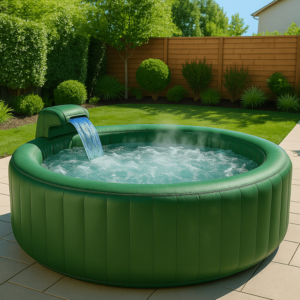 Inflatable hot tub in green with a relaxing waterfall, placed in a well-kept garden
