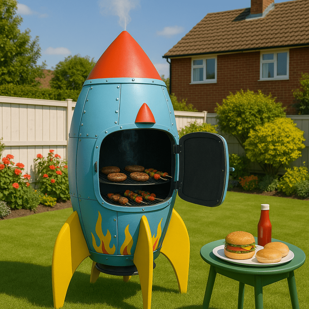  A blue and yellow rocket-shaped BBQ grill cooking burgers and kebabs in a sunny garden.