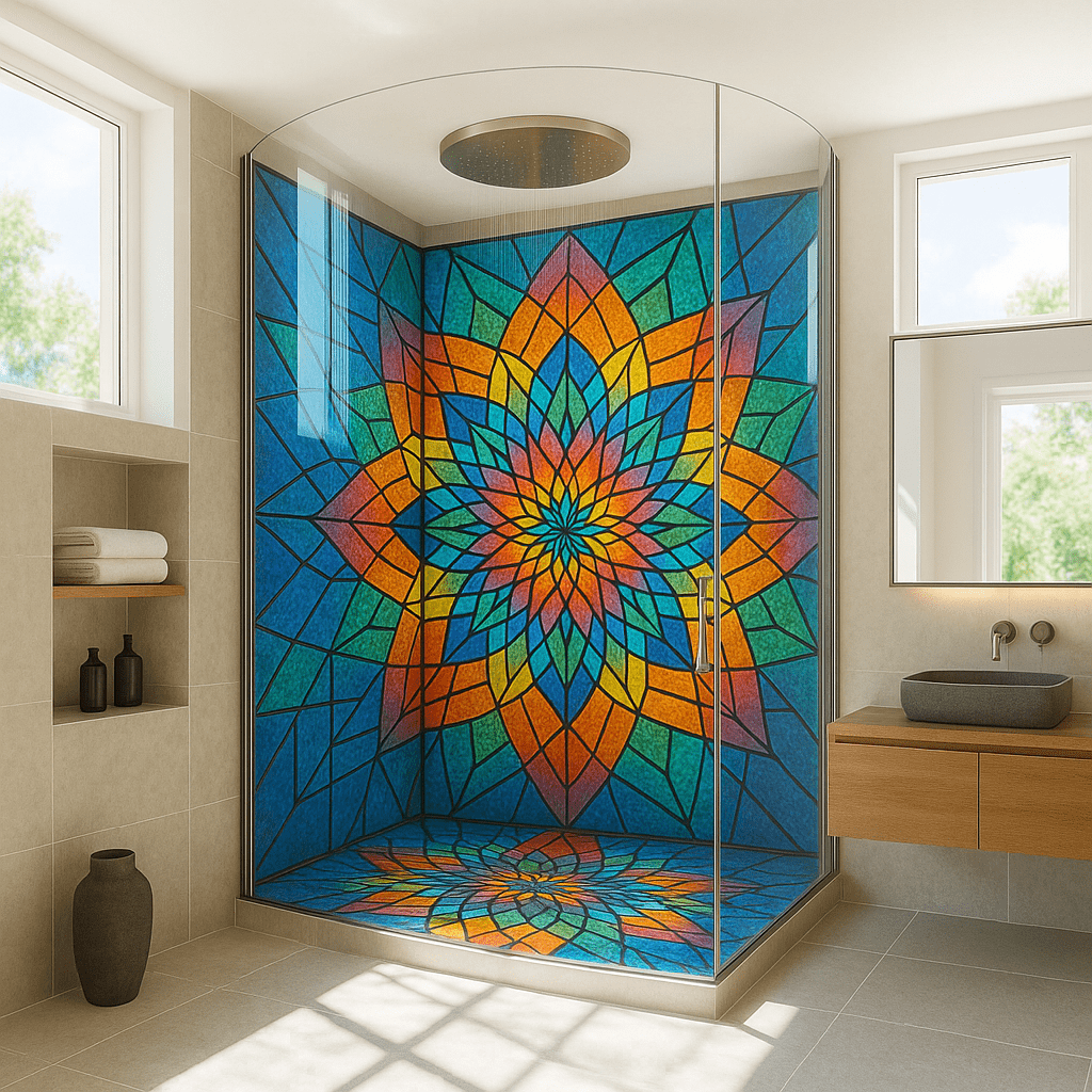 Large stained glass flower design with vibrant yellows, oranges, and blues in a corner shower