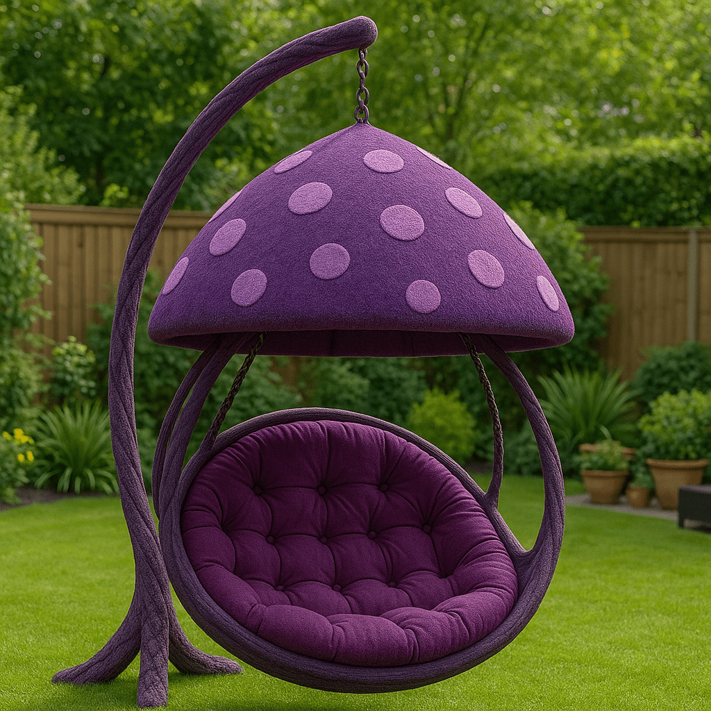  Deep purple oversized mushroom-shaped hanging garden chair with matching purple cushion and pink polka dots
