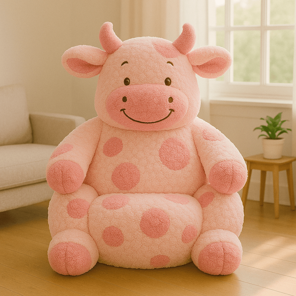 Strawberry pink cow-shaped armchair with a smiling face in a softly lit room
