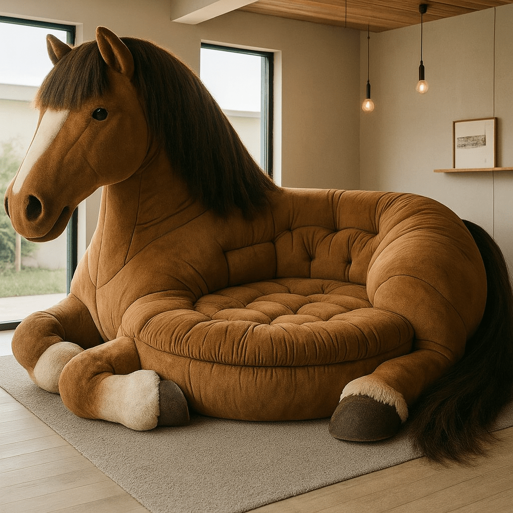 Brown horse-shaped novelty sofa featuring a round tufted base and realistic equine features in a warm-toned living room.