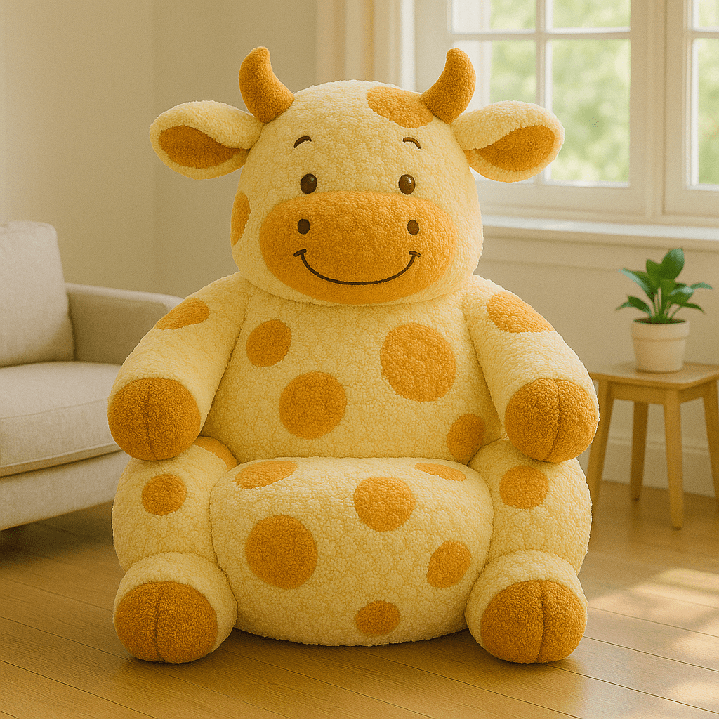 Cheerful yellow cow-shaped armchair with orange spots and horns, placed near a window