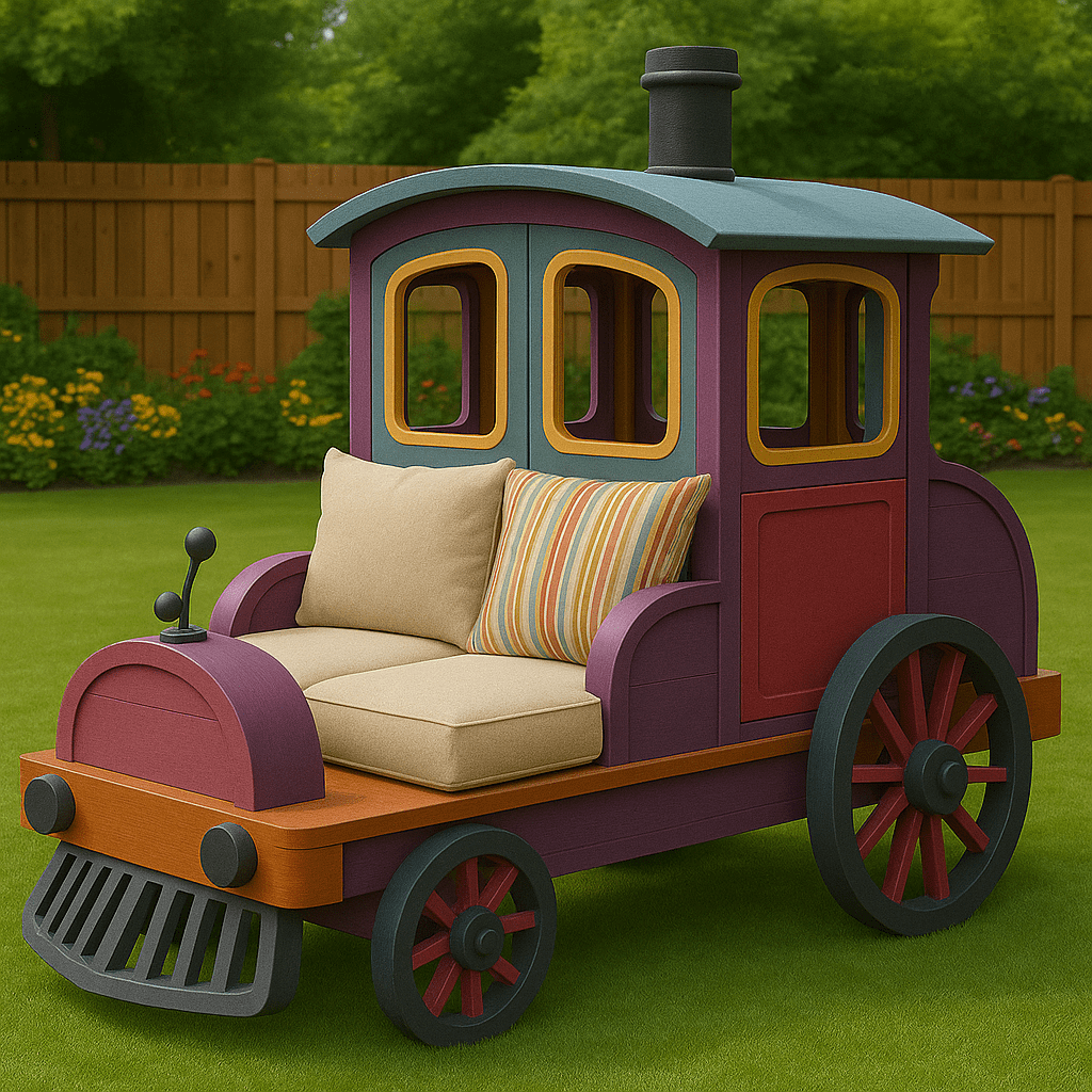 Playful train-shaped garden sofa in purple and orange with striped accent pillows on green grass.