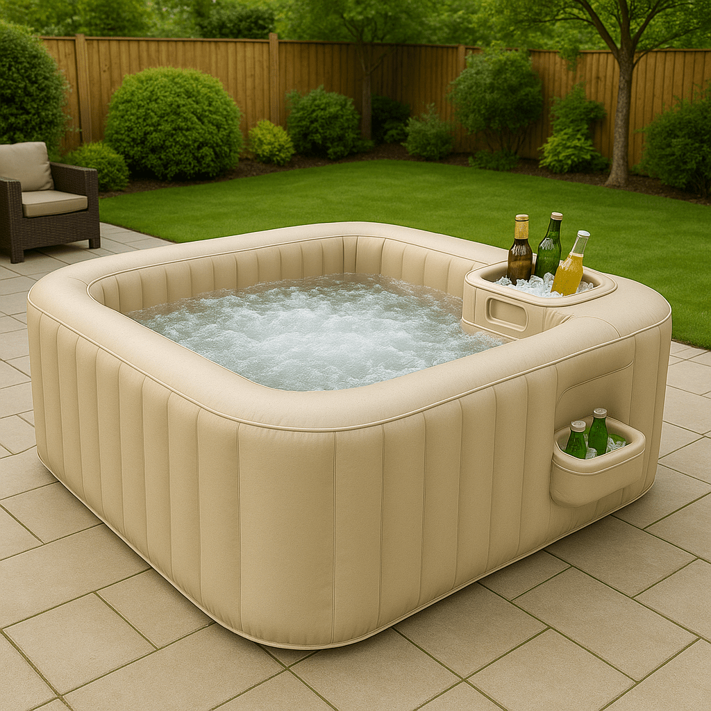 Cream-coloured inflatable hot tub with drink cooler compartment in a serene backyard setting