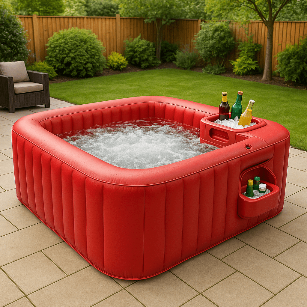 Vibrant red inflatable hot tub with integrated drink cooler and bubbling water, set in a sunny garden