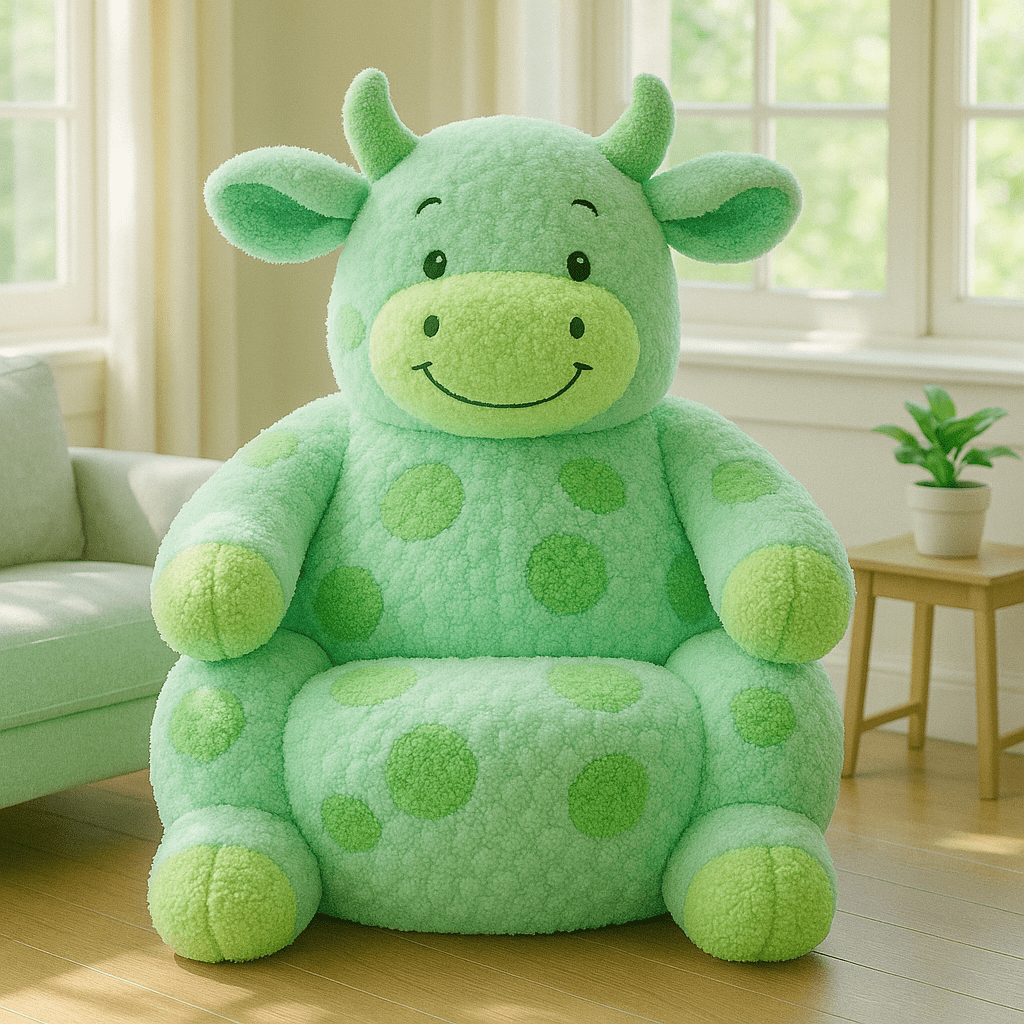 Bright mint green oversized cow chair with playful polka dots in a sunny room