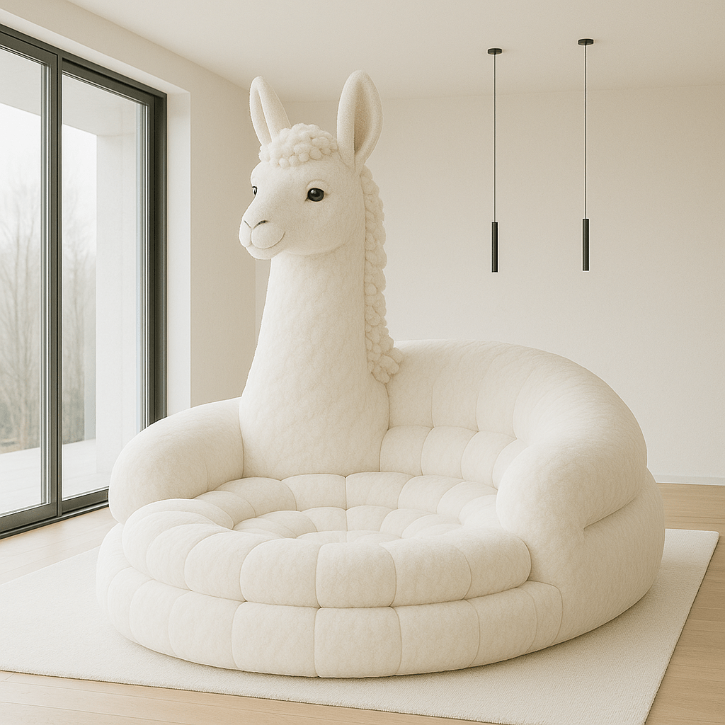 Elegant cream-coloured llama armchair placed in a neutral room with natural lighting and minimalist décor.