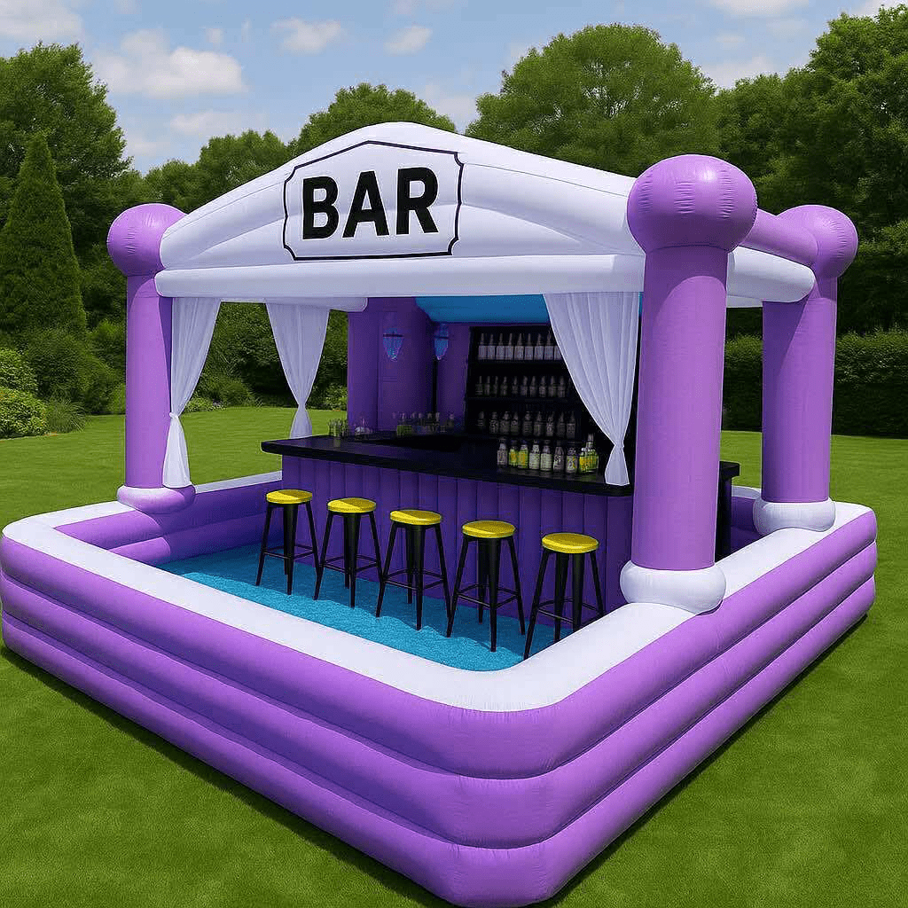 Purple inflatable garden bar with white canopy and black bar stools on green grass.
