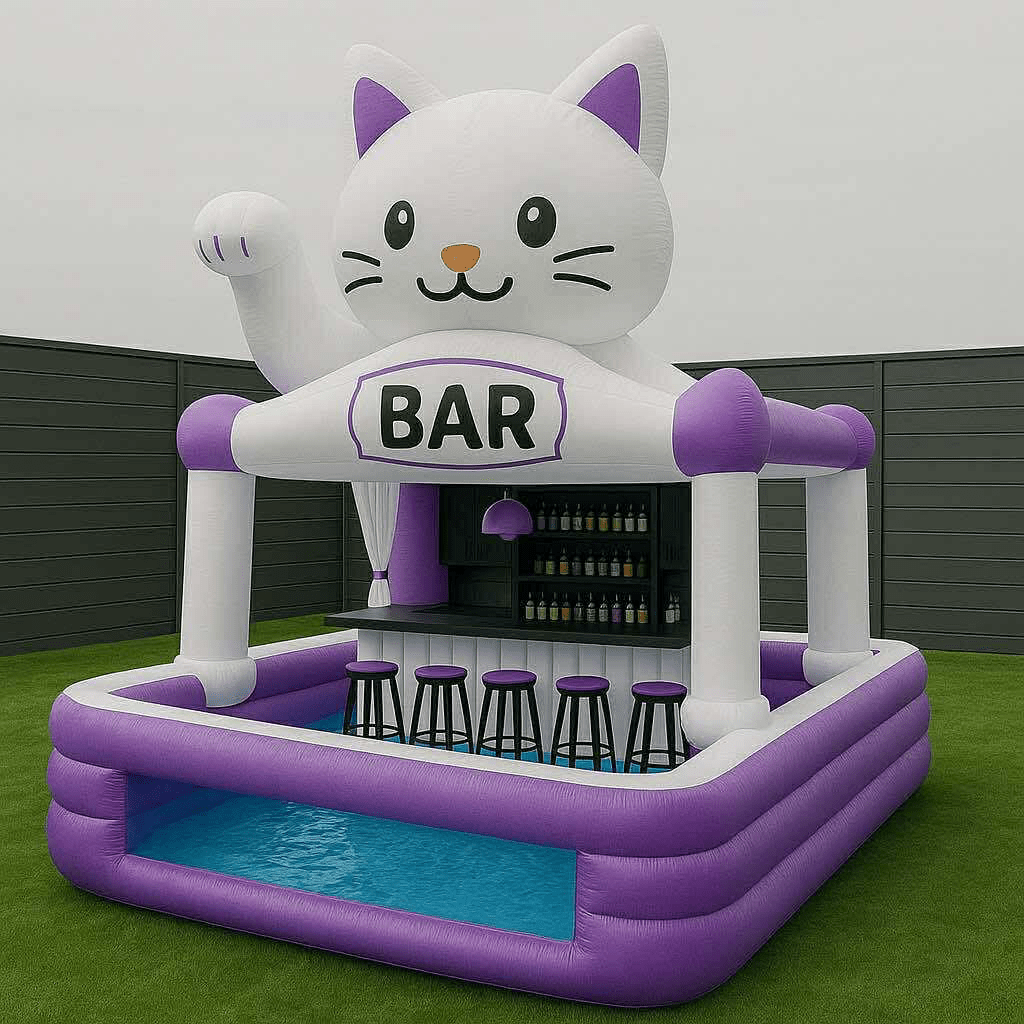 Purple inflatable cat-shaped outdoor bar with stools and paddling pool