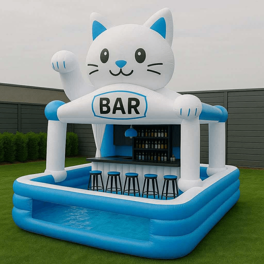 Blue inflatable cat-shaped outdoor bar with stools and paddling pool