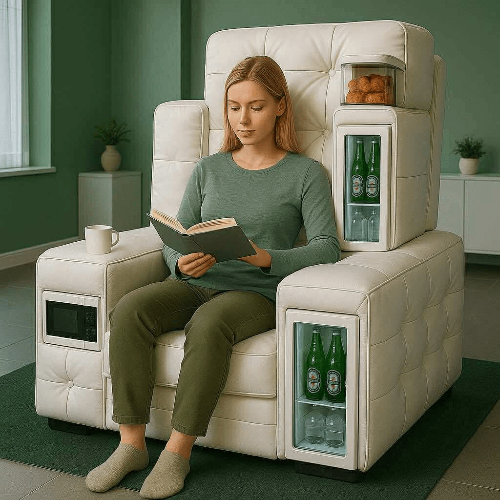 Woman reading a book on a white luxury sofa chair with built-in coolers and snack storage

