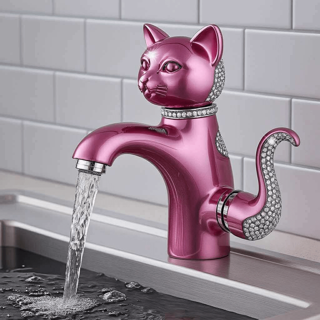 Pink cat-shaped kitchen tap with crystal embellishments and water running into a kitchen sink.