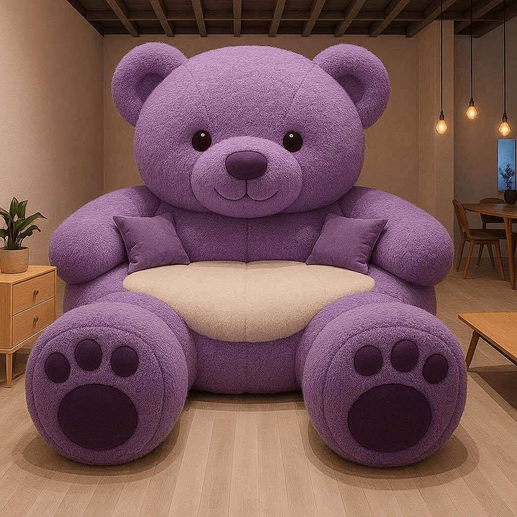 Oversized purple teddy bear-shaped sofa with cream seating in a wooden-floored living room.