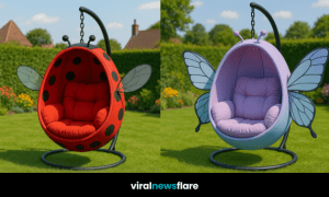 insect-themed hanging garden chairs including bee, ladybird, butterfly, and green bug designs displayed in a garden.