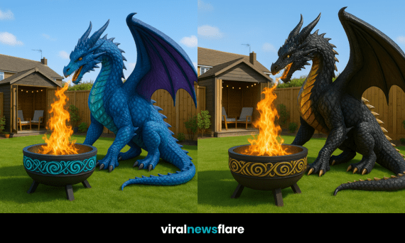 Collection of colourful oversized dragon sculptures each appearing to breathe fire into matching decorative firepits.