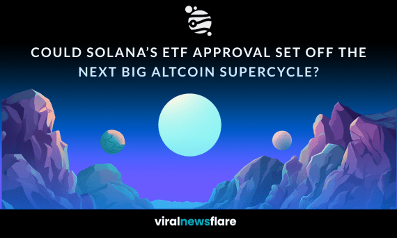 Futuristic crypto landscape with planets and mountains, featuring the question: Could Solana’s ETF Approval Set Off the Next Big Altcoin Supercycle?