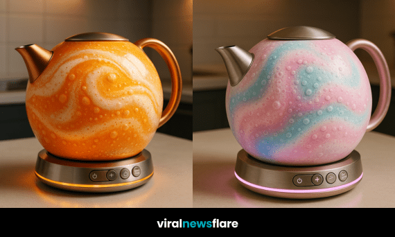 A full range of colourful bath bomb-inspired electric kettles in orange, pink, green, and teal on a kitchen counter.