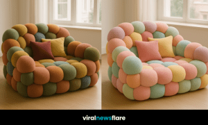 bubble armchair with plush rounded modules in multiple colours beside a sunlit window.