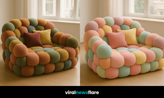 bubble armchair with plush rounded modules in multiple colours beside a sunlit window.