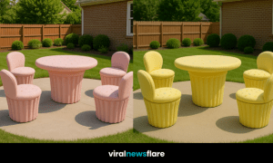 cupcake-shaped outdoor table and chairs set on garden patio with green lawn background