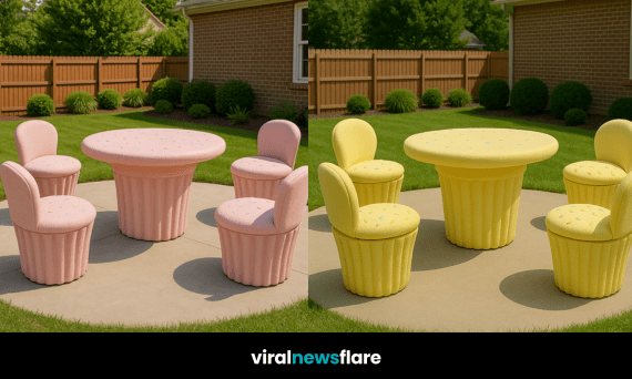 cupcake-shaped outdoor table and chairs set on garden patio with green lawn background