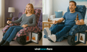 Man and woman sitting in tank tread armchairs with built-in drink fridges, featured by ViralNewsFlare