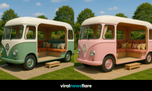 retro camper van repurposed as a garden seating pod with red cushions and a wooden interior