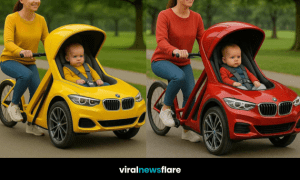 BMW-style baby stroller trike being pushed by a smiling mum through a green park