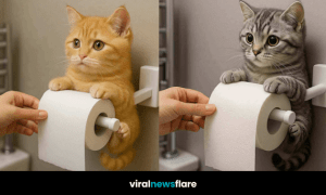 cat holding toilet paper roll on wall-mounted holder in bathroom