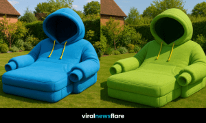 hoodie-shaped garden armchair with yellow drawstrings placed on a green lawn