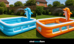 Selection of inflatable dolphin paddling pools in orange, blue, pink, and green with water fountain feature