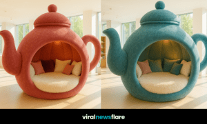 Teapot-shaped bed in a bright room with fluffy cushions inside