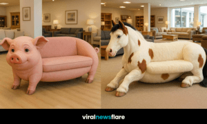 A collection of pig, horse, cow, and goat-shaped sofas arranged in a cosy furniture showroom.