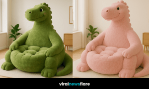 Oversized dinosaur-shaped armchair with smiling face in a bright living space