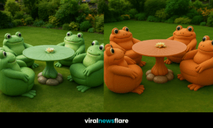Various frog-shaped garden furniture sets in pink, green, orange, and lavender on lawn with lush greenery