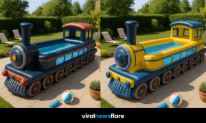 A selection of colourful inflatable train-shaped paddling pools arranged in a sunny garden setting