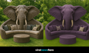 Selection of elephant-shaped garden sofas in various colours displayed in a lush outdoor setting