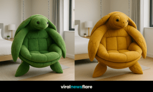 A selection of oversized turtle-shaped hanging chairs in mustard yellow, green, brown, and dusky pink displayed in a bedroom