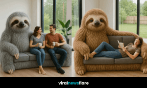 Woman reading on a cosy brown sloth-shaped sofa with oversized plush arms.