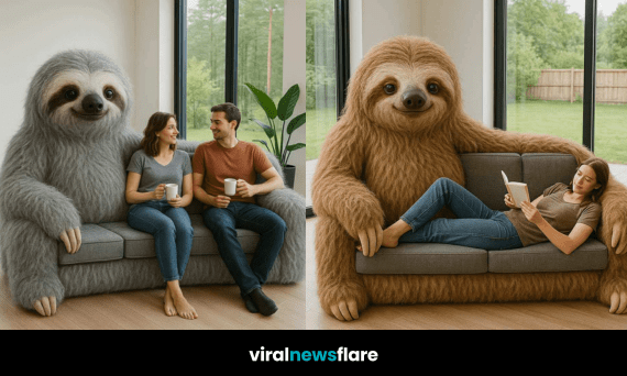 Woman reading on a cosy brown sloth-shaped sofa with oversized plush arms.