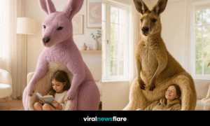 A large plush kangaroo-shaped reading chair in beige, with a young woman relaxing inside its pouch in a modern lounge.