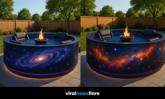 Galaxy-themed inflatable pool with fire pit and plush seating in a sunny garden setting.