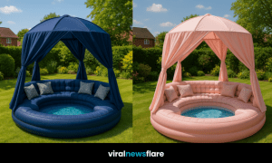 Collection of inflatable canopy pool sofas in pink, navy, beige, and purple arranged in a green garden.